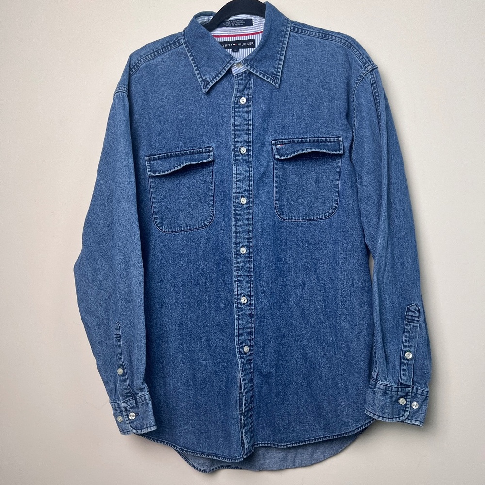 Tommy Hilfiger Vintage Denim Button Down Shirt Men's Lrg Long Sleeve Crest Logo